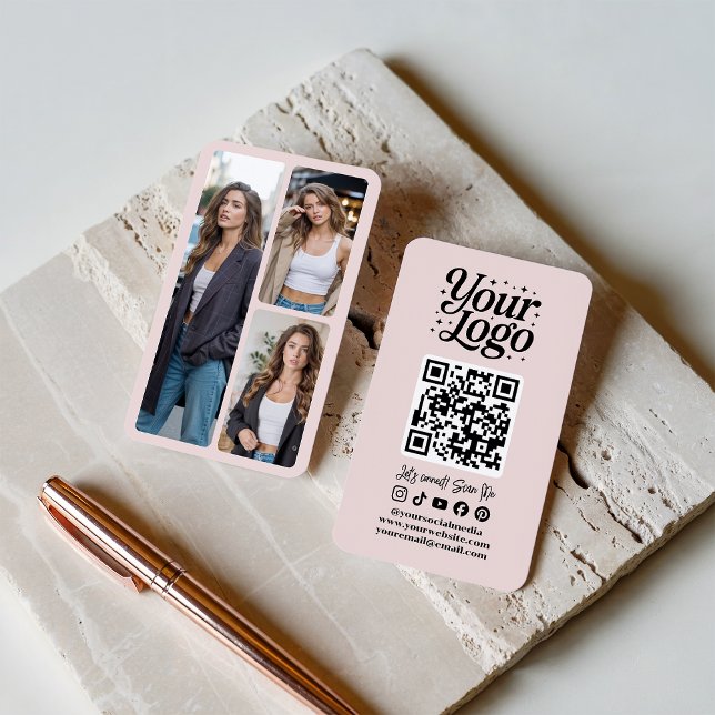 Carte De Visite Modern Pink QR Code Social Media Icons Logo Photo (Modern Pink QR Code Social Media Icons Logo Photo)
