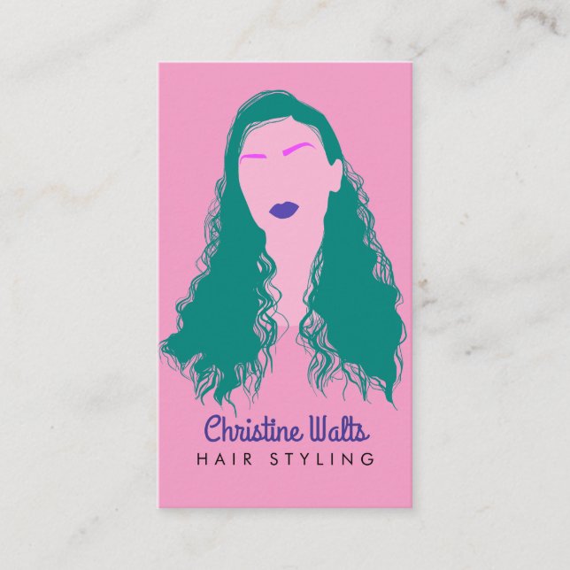 Carte De Visite Modern Pink Turquoise Hair Styling Flat Design QR (Devant)