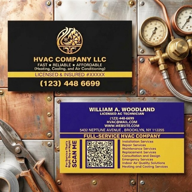 Carte De Visite Modern Professional AC HVAC Company Logo & License (hvac business card, heating and cooling, luxury branding, air conditioning, hvac logo design qr code)