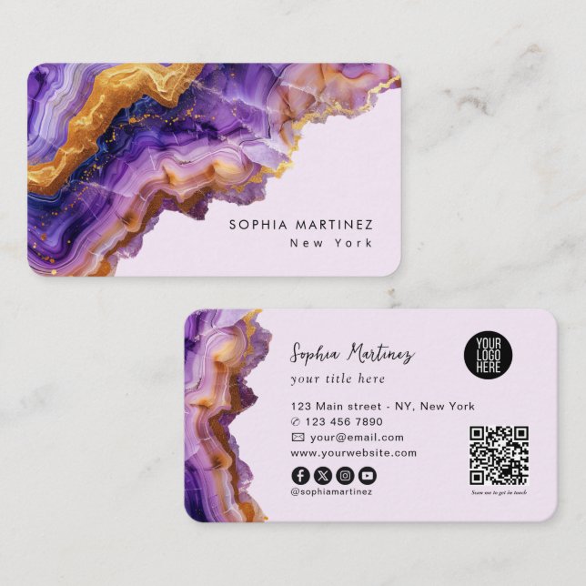Carte De Visite Modern Purple Agate gold marble & QR Code Logo (Devant / Derrière)