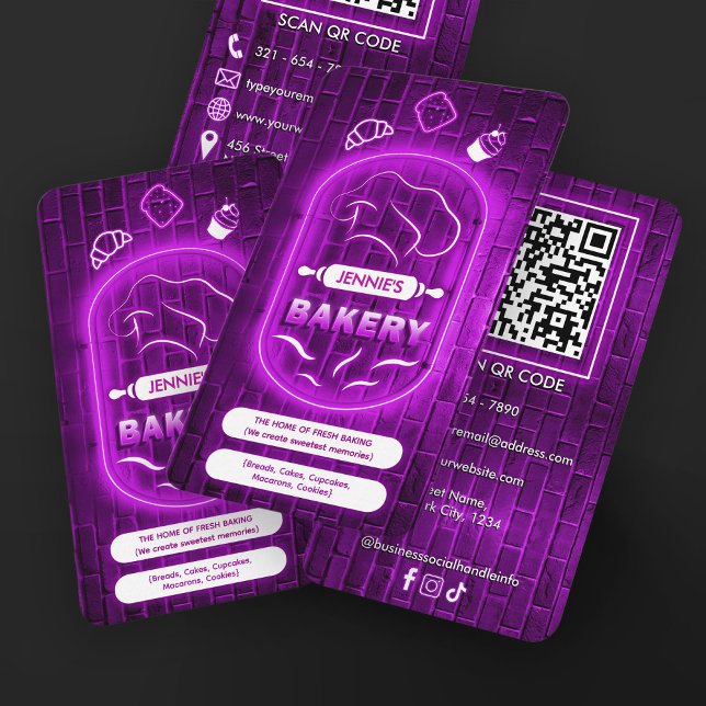 Carte De Visite Modern Purple Neon Bakery Add Logo Brand Name   (Créateur téléchargé)