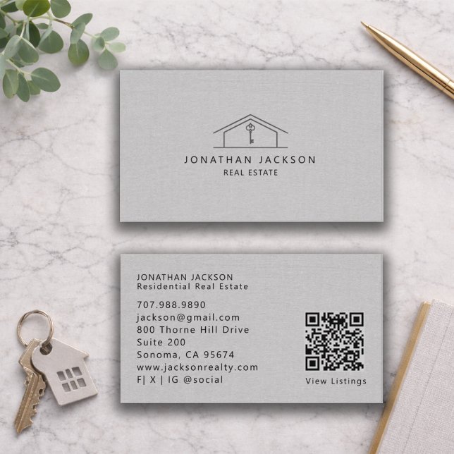 Carte De Visite Modern Realtor Home Logo Gray Faux Linen (Créateur téléchargé)