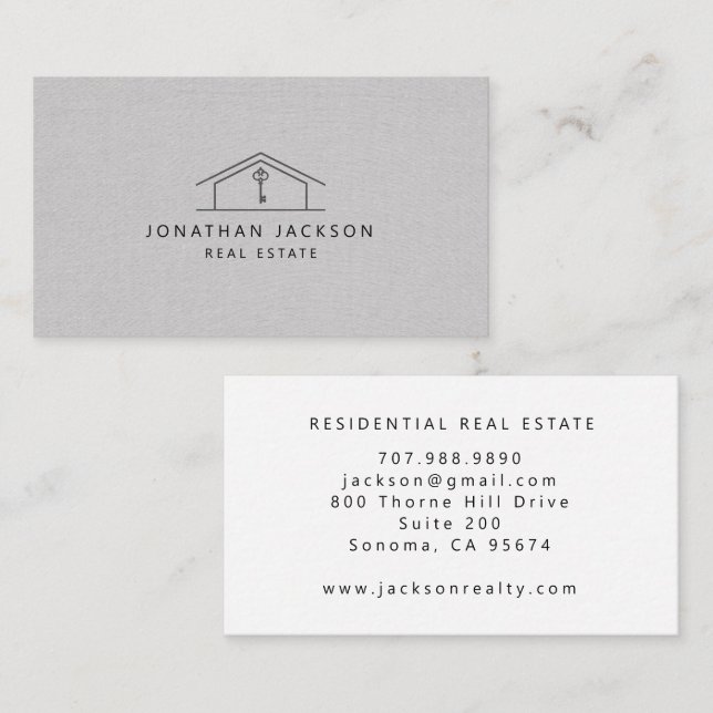 Carte De Visite Modern Realtor Home Logo Gray Faux Linen (Devant / Derrière)