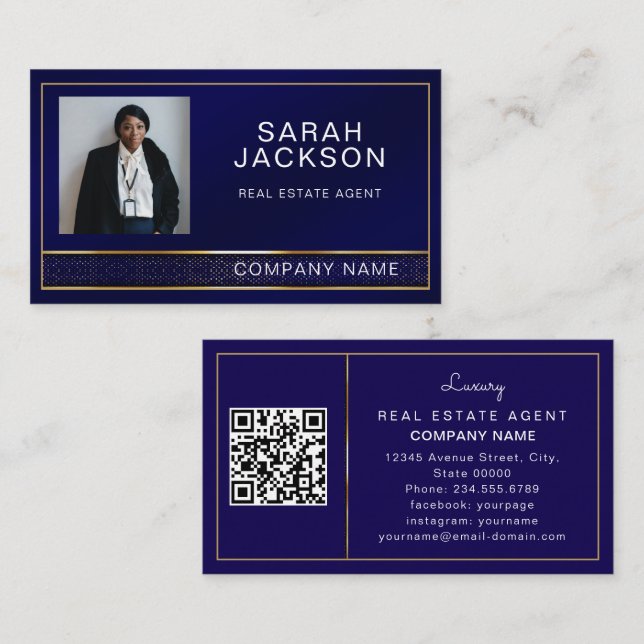 Carte De Visite Modern Realtor Mortgage Broker Navy Blue QR code (Devant / Derrière)
