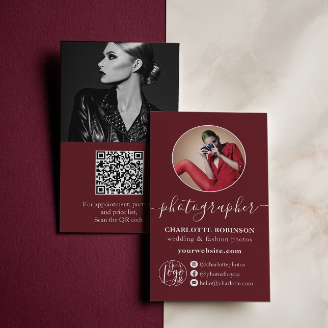 Carte De Visite Modern red burgundy photo qr logo photographer (Modern red burgundy photo qr logo photographer business card)