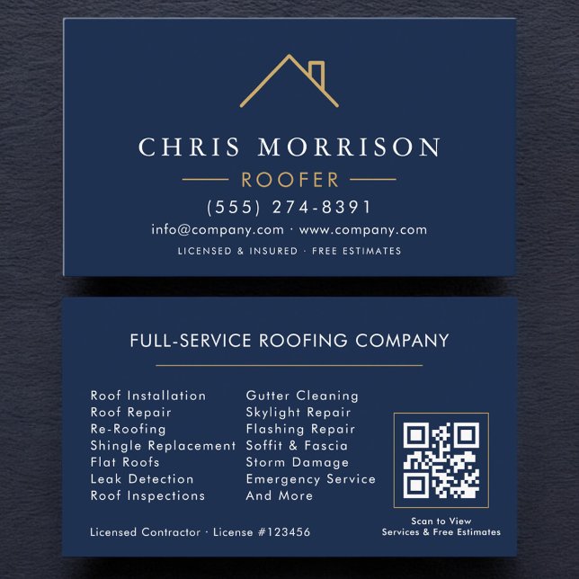 Carte De Visite Modern Roofer Navy Blue Gold QR Code (Créateur téléchargé)