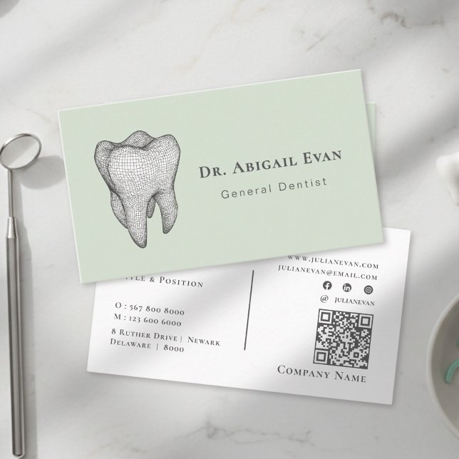 Carte De Visite Modern Sage Green 3D Tooth Icon Dental Clinic (Modern Sage Green 3D Tooth Icon Dental Clinic Business Card)