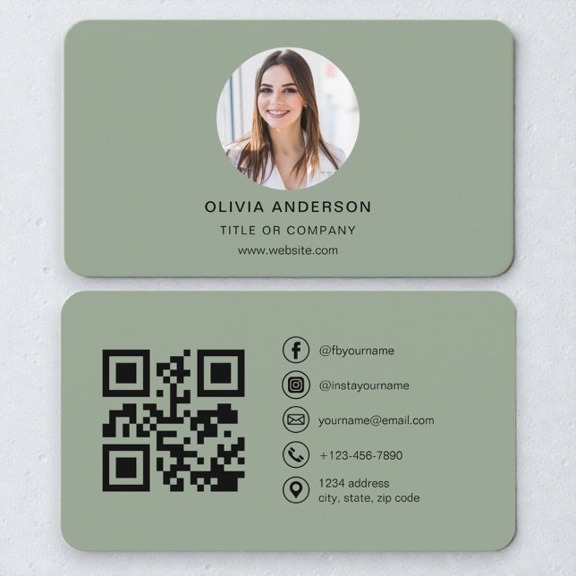 Carte De Visite Modern Sage Green Personal Brand QR Code (Créateur téléchargé)