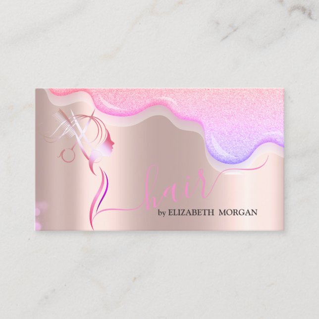 Carte De Visite Modern Scissors Glitter Drips Hair Rose Gold (Devant)