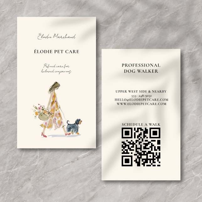Carte De Visite Modern Stylish Dog Walker Pet Sitter QR code (Elegant, feminine design with modern charm. QR code for easy scheduling & contact.)