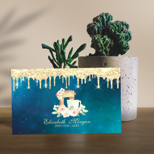 Carte De Visite Modern Sweets Cupcake Gold Drips Mixer Flowers