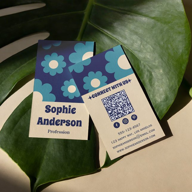 Carte De Visite Modern Teal Blue Retro Floral Pattern with QR Code (Créateur téléchargé)