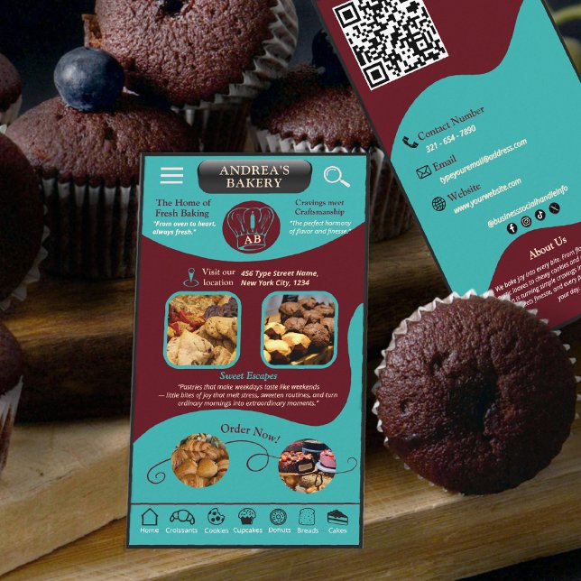 Carte De Visite Modern Teal Burgundy Bakery Logo and QR Code   (Créateur téléchargé)