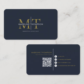 Carte De Visite Modern Typography Monogram Navy Blue Gold QR code