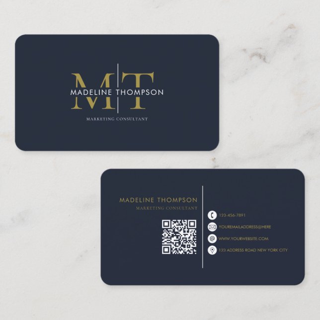 Carte De Visite Modern Typography Monogram Navy Blue Gold QR code (Devant / Derrière)