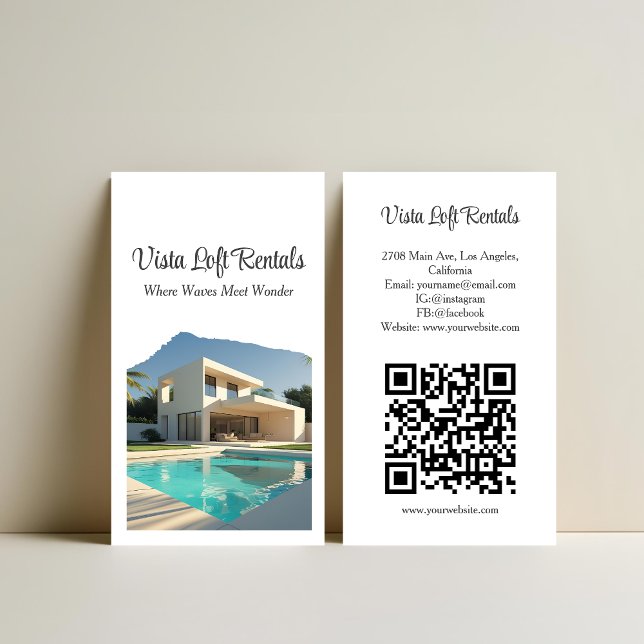 Carte De Visite Modern Vacation Rental Guest House Photo QR Code (Créateur téléchargé)