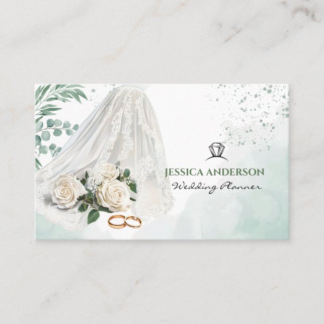 Carte De Visite Modern Wedding Planner Bride Veil Green (Devant)