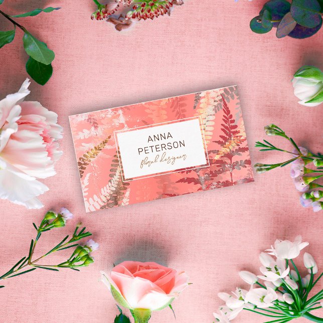 Carte De Visite Moderne Abstrait Élégant Corail Rose Fern Foliage (Créateur téléchargé)