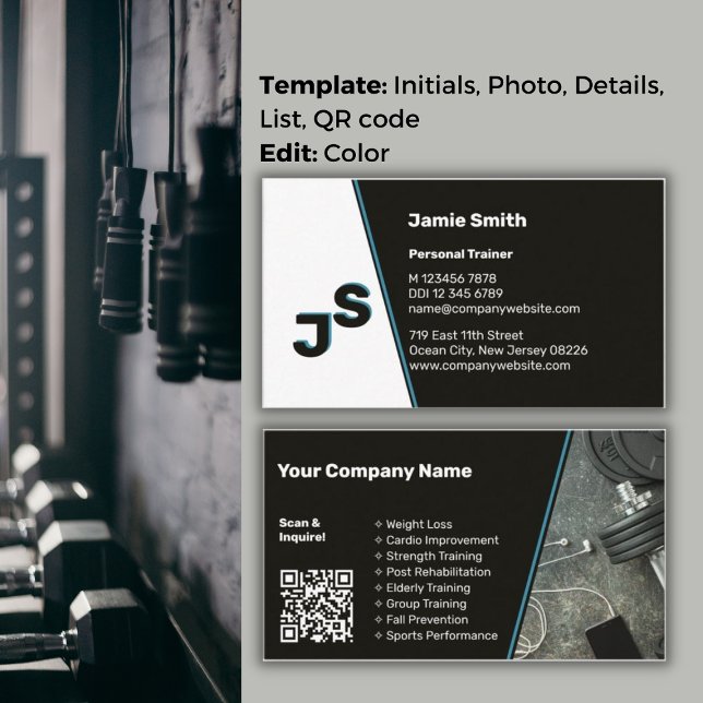 Carte De Visite Moderne Acier Bleu Accent Élégant Entraîneur perso (Modern Steel Blue Accent Sleek Personal Trainer Business Card)