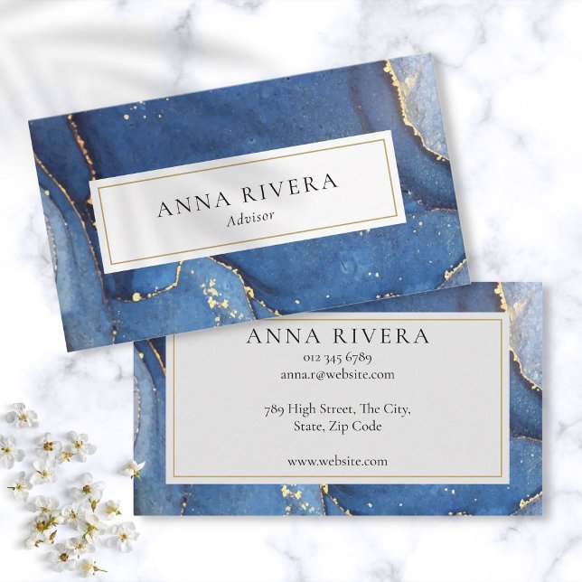 Carte De Visite Moderne Agate Pailletée Or Bleu Professionnel (Modern Blue Gold Glitter Agate Professional Business Card)