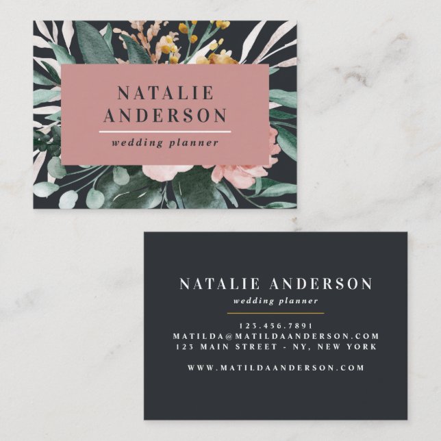 Carte De Visite Moderne aquarelle fleurie et feuillage élégant (Devant / Derrière)
