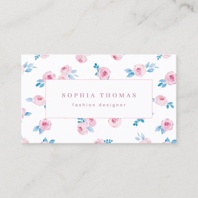 Carte De Visite Moderne aquarelle florale bleu rose (Devant)