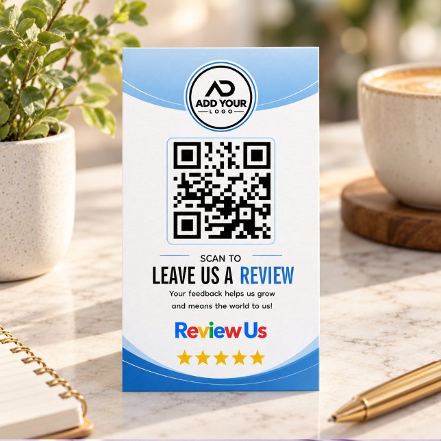 Carte de visite moderne avec code QR et vagues ble (Modern Blue Waves QR Code Customer Review Business Card
)