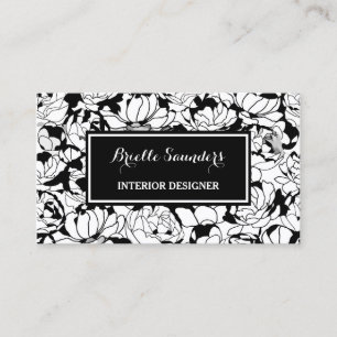 Carte De Visite Moderne Black Blanc Floral Fille Designer d'intéri