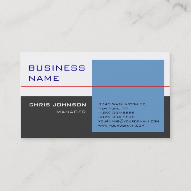 Carte de visite moderne blanc bleu gris rouge tend (Devant)