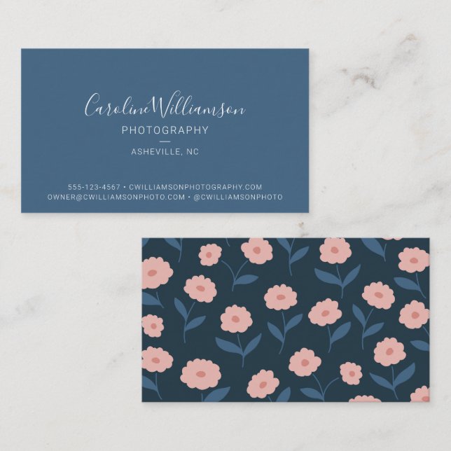 Carte De Visite Moderne Bleu Boho Floral Simple Tendance (Devant / Derrière)
