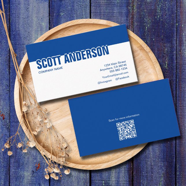 Carte De Visite Moderne Bleu Social Media Code QR (Créateur téléchargé)