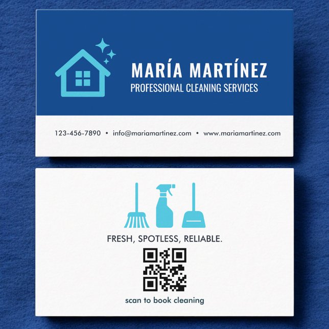 Carte De Visite Moderne Blue House Cleaning Services QR Code (Créateur téléchargé)