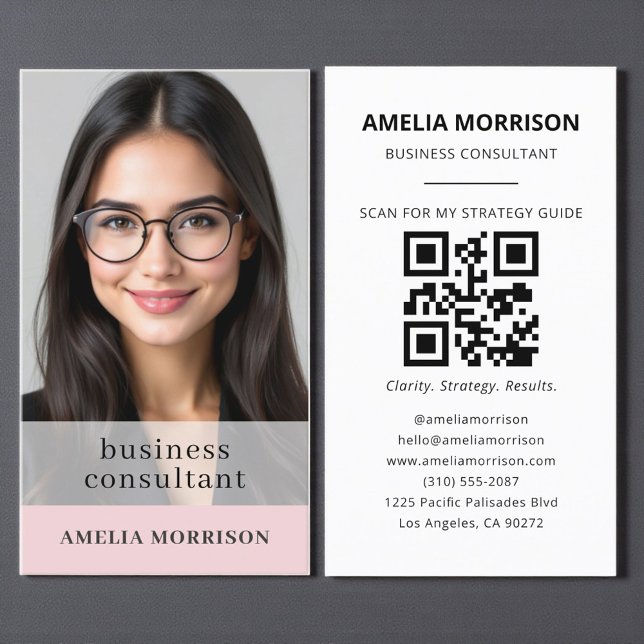 Carte De Visite Moderne Blush Pink Consultant QR Code Photo (Créateur téléchargé)