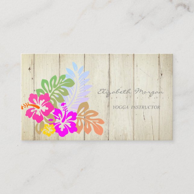 Carte De Visite Moderne Charme, Hawaï Hibiscus, Texture Bois (Devant)
