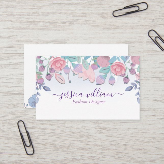 Carte De Visite Moderne Chic Aquarelle Bleu Hydrangeas Floral Bus (Devant/Arrière en situation)