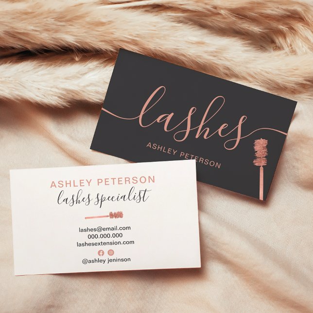 Carte De Visite Moderne chic rose or lashes gris brosse (Modern chic rose gold lashes brush gray business card)
