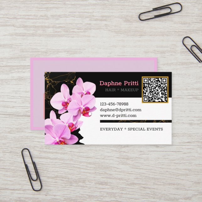 Carte De Visite Moderne, code QR personnalisé, orchidée, marbre (Devant/Arrière en situation)