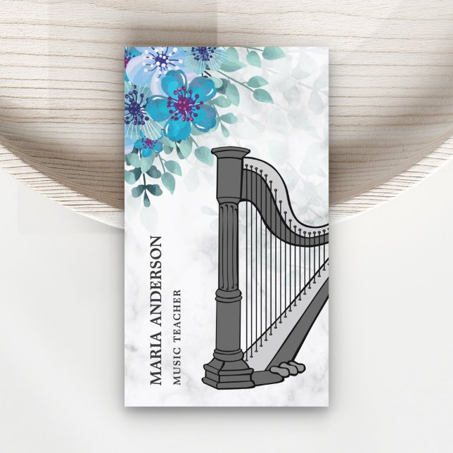 Carte De Visite Moderne Elegant Chic Blue Floral Harp professeur d (Créateur téléchargé)