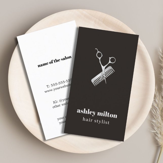 Carte De Visite Moderne élégant Faux foncé ciseaux argent peigne (Créateur téléchargé)
