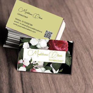 Carte De Visite Moderne Elégant Floral Bourgogne QR Code Or