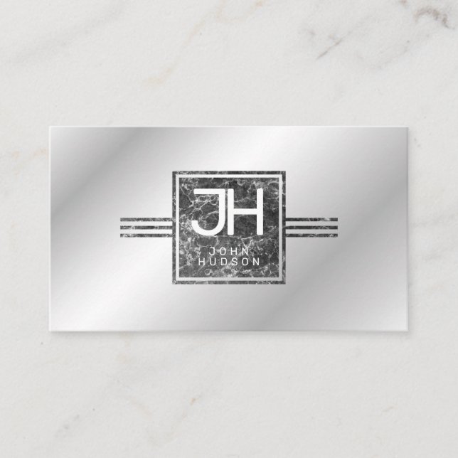Carte De Visite Moderne Élégant Marbre Argent et Lignes Modèle (Devant)