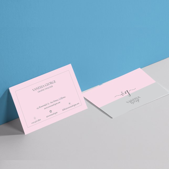 Carte De Visite Moderne Élégant mignon rose gris monogramme person (Modern Elegant Cute Pink Grey Monogram Custom Business Card)