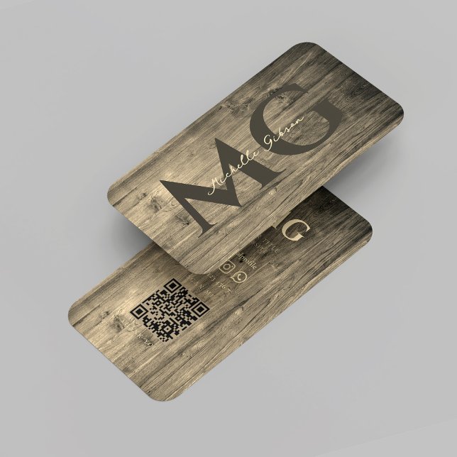 Carte De Visite Moderne Élégant Monogramme Bois de travail QR (Modern Elegant Monogram Wood Woodworking Rustic Gold Wood Worker QR Business Card
)