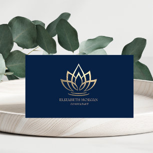 Carte De Visite Moderne Elégant Or simple Lotus Navy Bleu
