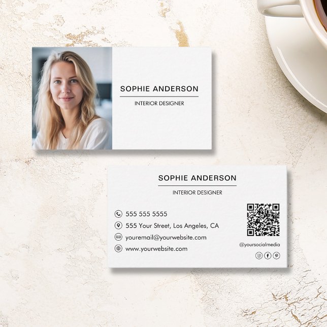 Carte de visite moderne et professionnelle avec QR (Modern Professional Custom Photo QR White Business Card)