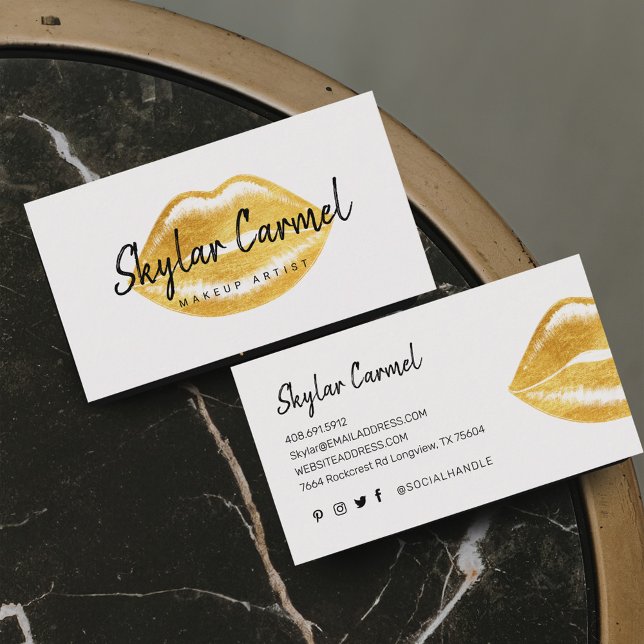 Carte De Visite Moderne Faux Gold Lip Branché Artiste maquillage B (Modern Faux Gold Lip Trendy Makeup Artist White Business Card)