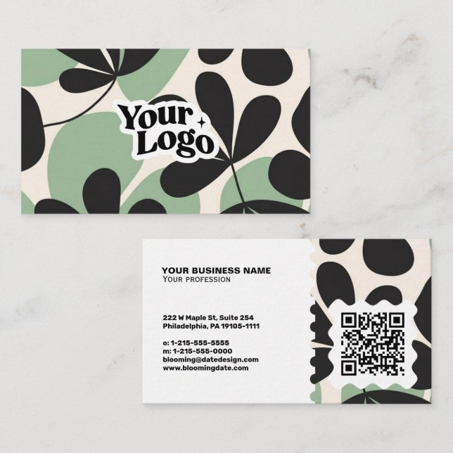 Carte de visite moderne florale – Code QR et logo (Devant / Derrière)
