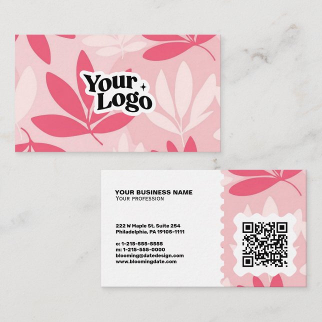Carte de visite moderne florale – Code QR et logo (Devant / Derrière)