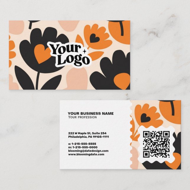 Carte de visite moderne florale – Code QR et logo (Devant / Derrière)