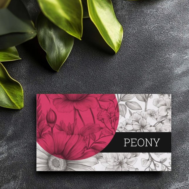 Carte De Visite Moderne Gras fleuriste noir blanc rose rose Floral (Bold and modern business card for florist, black and white sketched flowers and magenta pink circle.)
